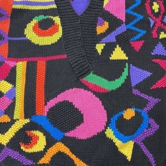 Vintage IVY 80s Abstract Black Colorful Knit Sweater Size Large - Picture 5 of 6